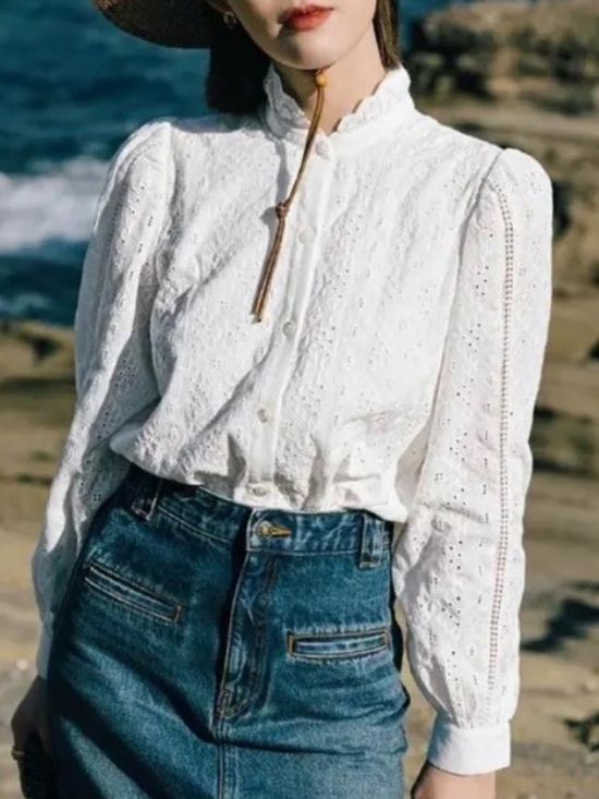 Petite Studio Tops - Petite Studio White Eyelet Embroidered Button Front Long Sleeve Blouse